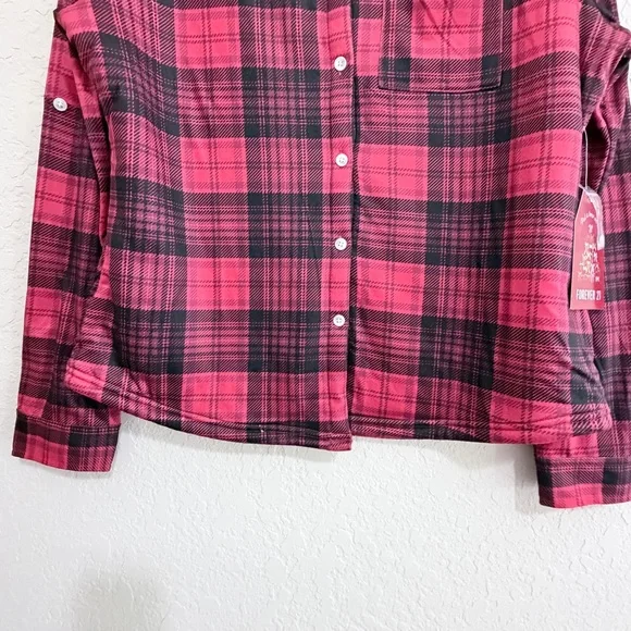 Forever 21 Womens Red Plaid Fleece Lined Button Down Long Sleeve Shirt Large NWT - Picture 2 of 15
